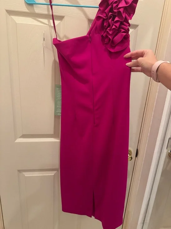 One-Shoulder Ruffle Midi Dress in Fuchsia - Picture 7 of 7